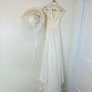 Vintage 1980 Wedding Dress With Hat Veil XS